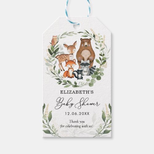 Cute Woodland Animals Greenery Gold Baby Shower Gift Tags