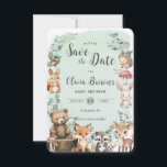 Cute Woodland Animals Greenery Green Baby Shower Save The Date<br><div class="desc">Personalize this cute woodland save the date easily and quickly. Simply click the Edit Using Design Tools button to further edit the text,  change fonts and font colors. Featuring adorable baby woodland animals. Matching items available in store. (c) Somerset Fine Paperie</div>