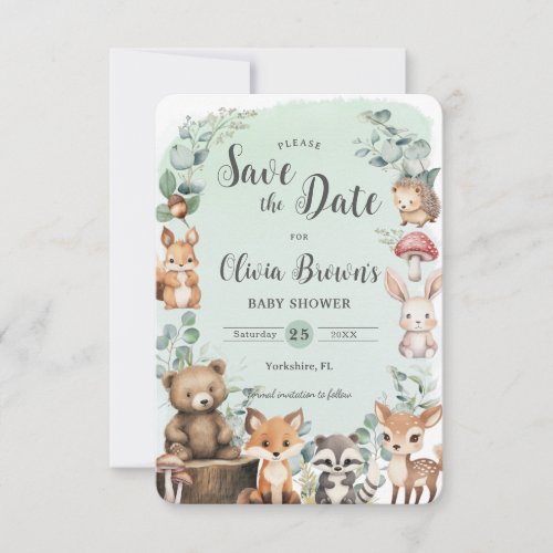 Cute Woodland Animals Greenery Green Baby Shower Save The Date