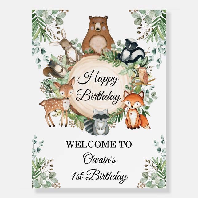 Cute Woodland Animals Greenery Happy Birthday Foam Board (Front)