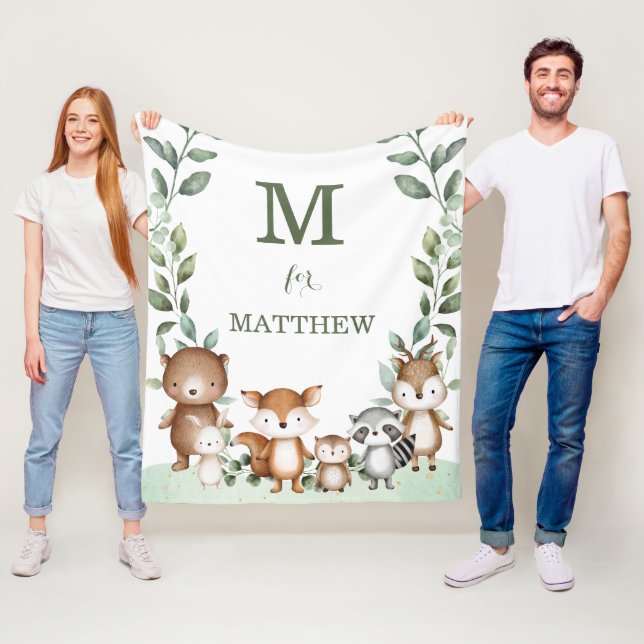 Cute Woodland Animals Greenery Monogram Baby Fleece Blanket (In Situ)