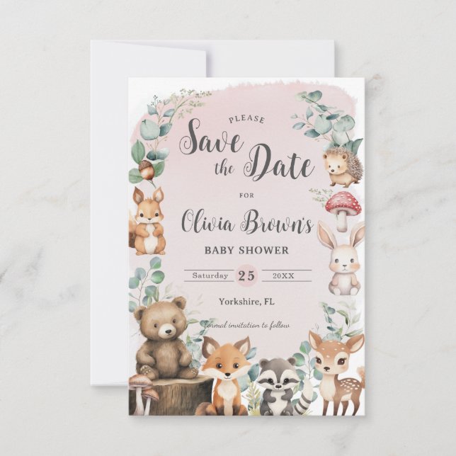 Cute Woodland Animals Greenery Pink Baby Shower Save The Date (Front)