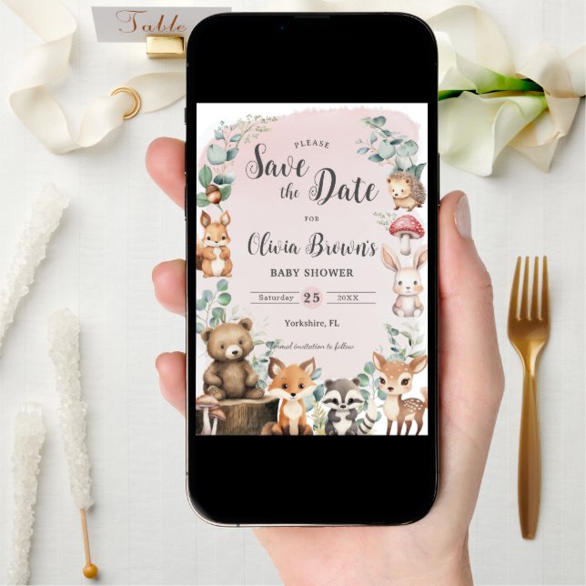 Cute Woodland Animals Greenery Pink Baby Shower Save The Date (Front Digital)