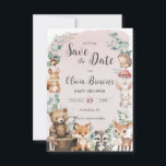 Cute Woodland Animals Greenery Pink Baby Shower Save The Date<br><div class="desc">Personalize this cute woodland save the date easily and quickly. Simply click the Edit Using Design Tools button to further edit the text,  change fonts and font colors. Featuring adorable baby woodland animals. Matching items available in store. (c) Somerset Fine Paperie</div>