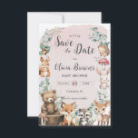 Cute Woodland Animals Greenery Pink Baby Shower Save The Date<br><div class="desc">Personalize this cute woodland save the date easily and quickly. Simply click the Edit Using Design Tools button to further edit the text,  change fonts and font colors. Featuring adorable baby woodland animals. Matching items available in store. (c) Somerset Fine Paperie</div>