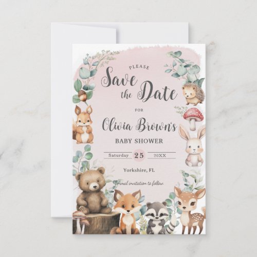 Cute Woodland Animals Greenery Pink Baby Shower Save The Date
