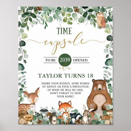 Cute Woodland Animals Greenery Time Capsule Sign