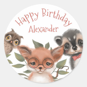 Cute Woodland Animals Happy Birthday for Boy Classic Round Sticker