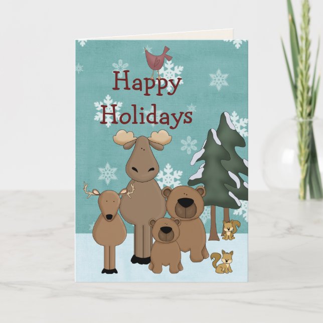Cute Woodland Animals Happy Holidays Christmas Holiday Card (Front)
