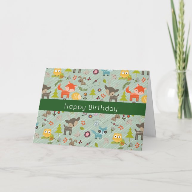Cute Woodland Animals Illustration Happy Birthday Card (Front)