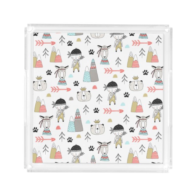 Cute Woodland Animals & Indian Boy Pattern Acrylic Tray (Front)