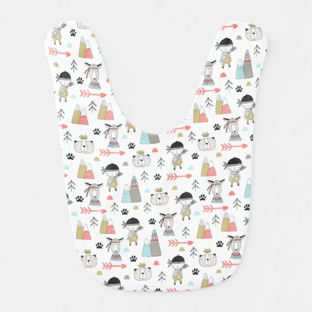 Cute Woodland Animals & Indian Boy Pattern Baby Bib (Front)