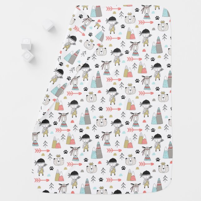 Cute Woodland Animals & Indian Boy Pattern Baby Blanket (In Situ)