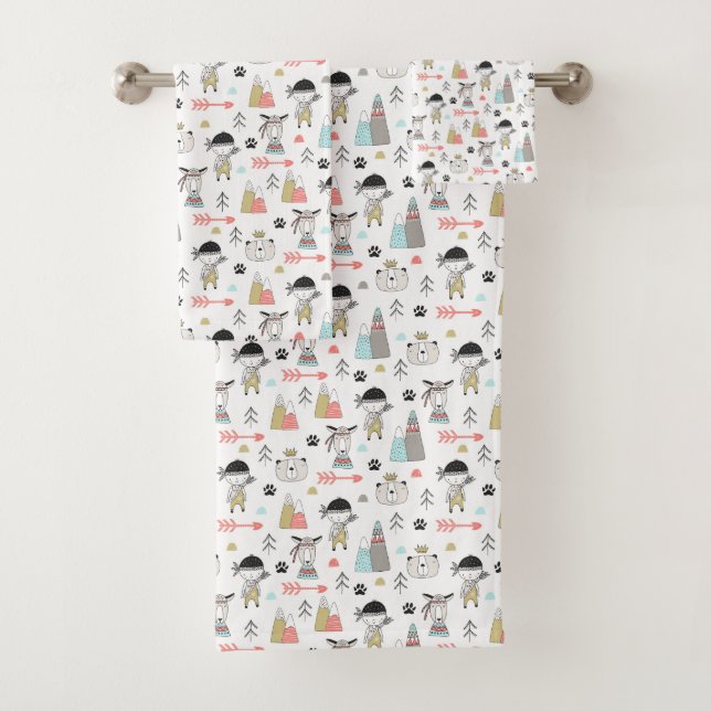 Cute Woodland Animals & Indian Boy Pattern Bath Towel Set (Insitu)