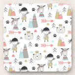 Cute Woodland Animals &amp; Indian Boy Pattern Beverage Coaster