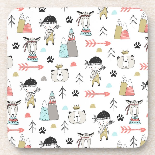 Cute Woodland Animals & Indian Boy Pattern Beverage Coaster (Front)