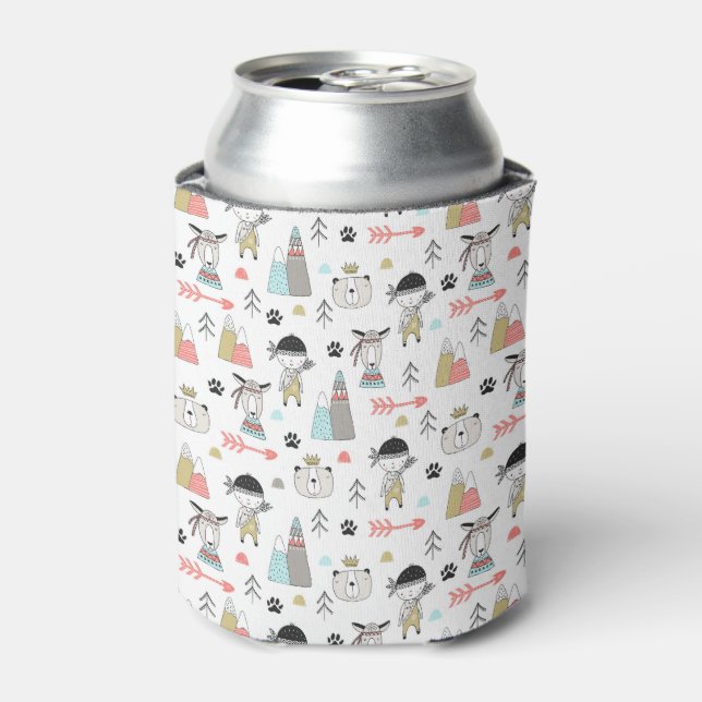 Cute Woodland Animals & Indian Boy Pattern Can Cooler (Can Front)