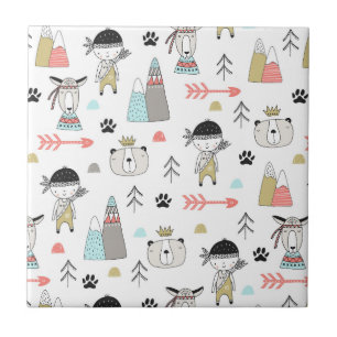 Cute Woodland Animals & Indian Boy Pattern Ceramic Tile