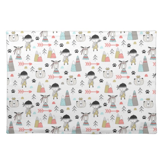 Cute Woodland Animals & Indian Boy Pattern Cloth Placemat (Front)