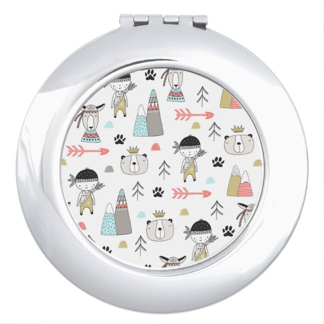 Cute Woodland Animals & Indian Boy Pattern Compact Mirror (Front)