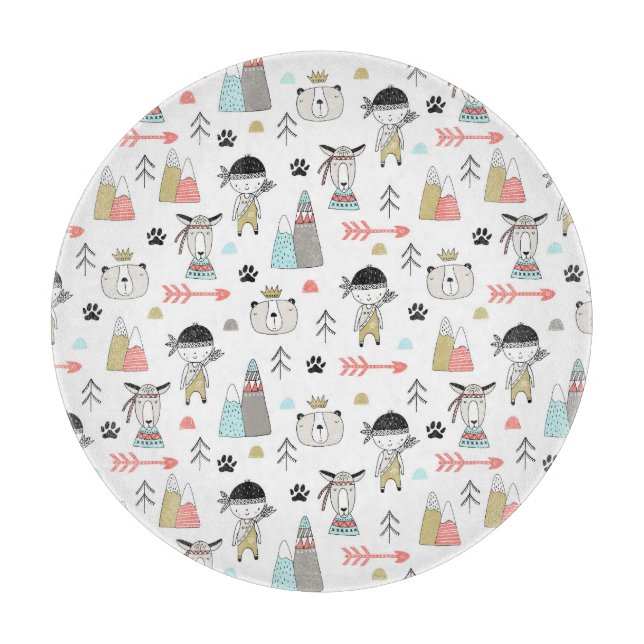 Cute Woodland Animals & Indian Boy Pattern Cutting Board (Front)
