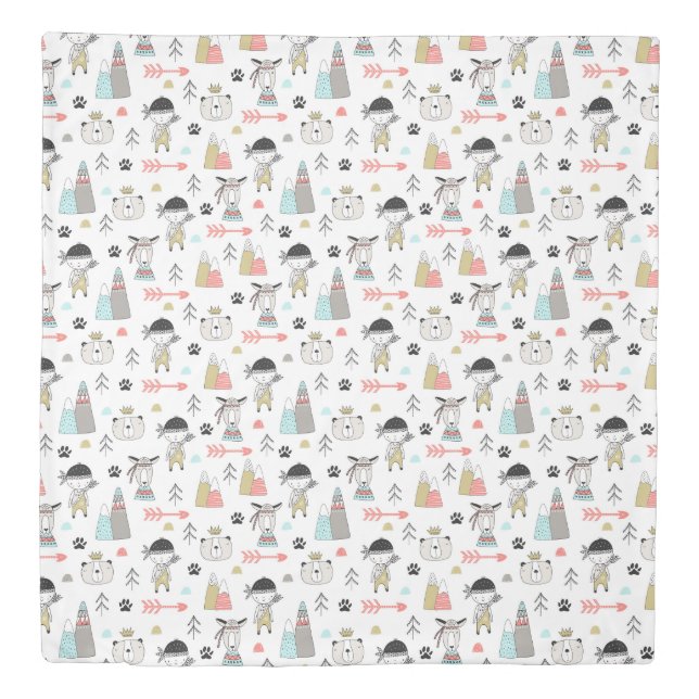 Cute Woodland Animals & Indian Boy Pattern Duvet Cover (Front)