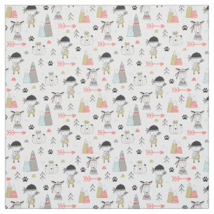 Cute Woodland Animals & Indian Boy Pattern Fabric