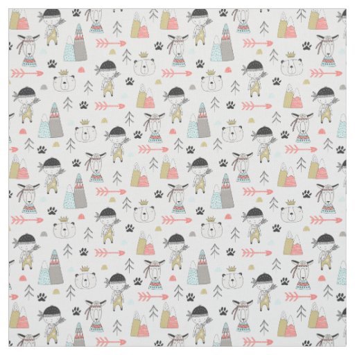 Cute Woodland Animals & Indian Boy Pattern Fabric