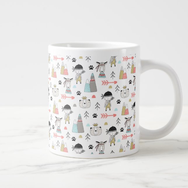 Cute Woodland Animals & Indian Boy Pattern Giant Coffee Mug (Right)