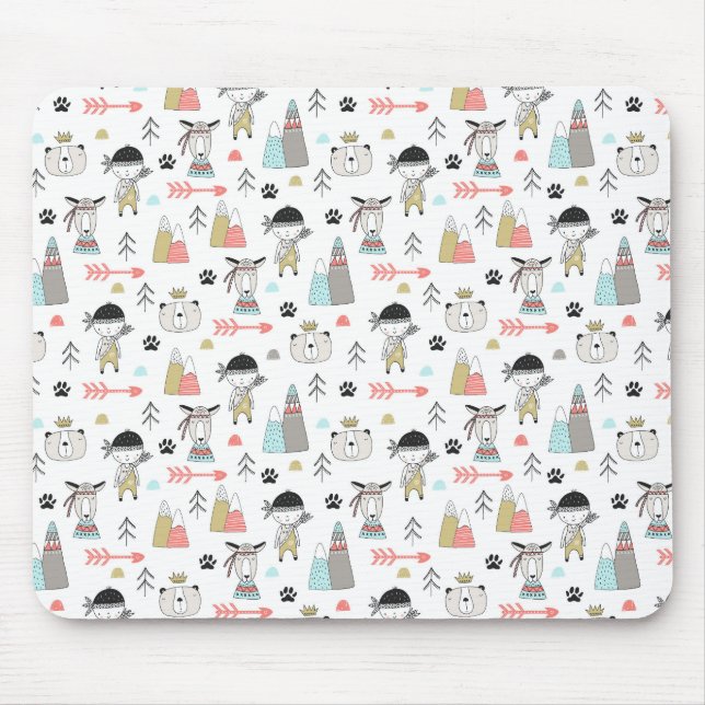 Cute Woodland Animals & Indian Boy Pattern Mouse Pad (Front)