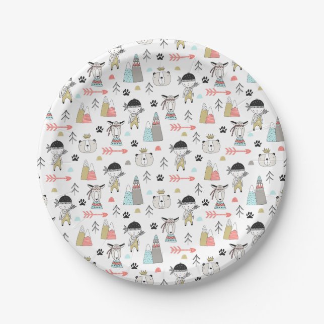 Cute Woodland Animals & Indian Boy Pattern Paper Plates (Front)