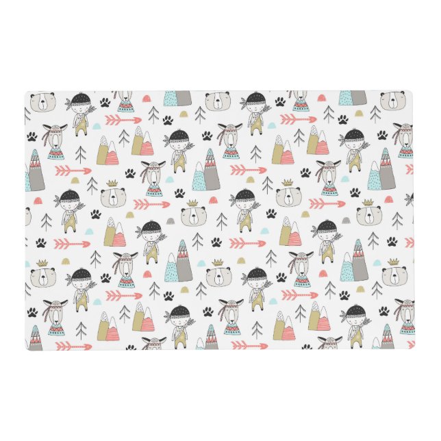 Cute Woodland Animals & Indian Boy Pattern Placemat (Front)
