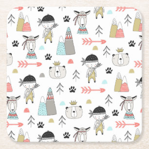 Cute Woodland Animals & Indian Boy Pattern Square Paper Coaster
