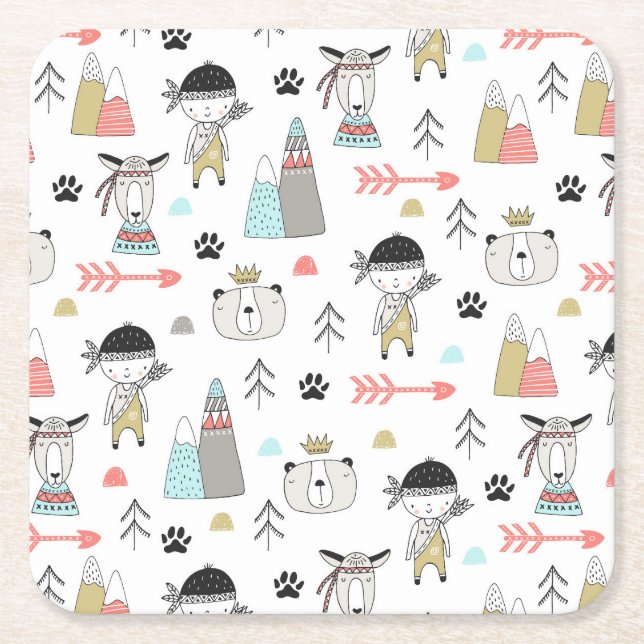 Cute Woodland Animals & Indian Boy Pattern Square Paper Coaster (Front)
