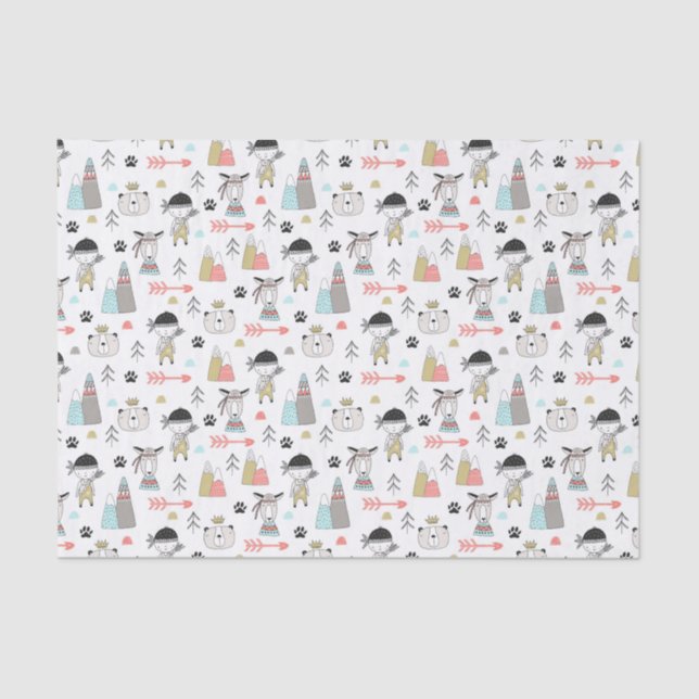 Cute Woodland Animals & Indian Boy Pattern Tissue Paper (Front)