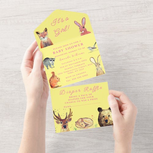 Cute Woodland Animals Its a Girl Baby Shower All In One Invitation