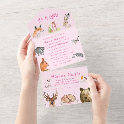 Cute Woodland Animals Its a Girl Baby Shower  All In One Invitation