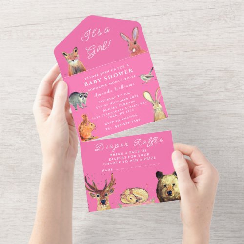 Cute Woodland Animals Its a Girl Baby Shower All In One Invitation