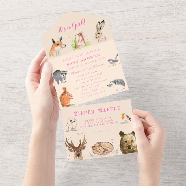 Cute Woodland Animals It's a Girl Baby Shower  All In One Invitation (Tearaway)