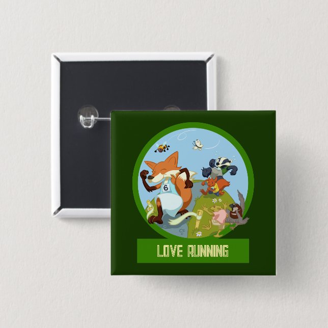 Cute Woodland Animals Love Running Race Cartoon Button (Front & Back)