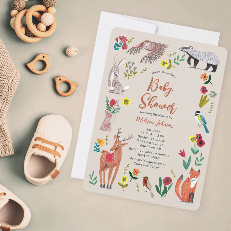 Cute Woodland Animals Neutral Baby Shower Invitation