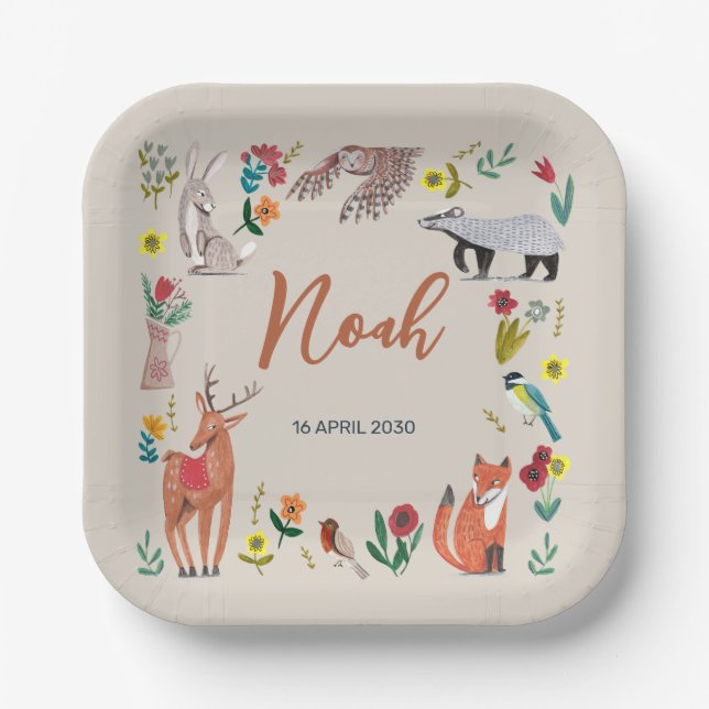Cute Woodland Animals Neutral Baby Shower Paper Plates (Front)