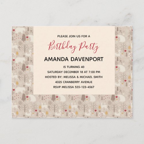 Cute Woodland Animals Nordic Pattern Birthday Invitation Postcard