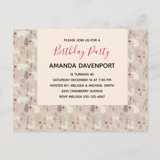 Cute Woodland Animals Nordic Pattern Birthday Invitation Postcard (Front)