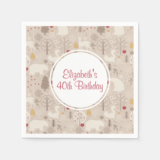 Cute Woodland Animals Nordic Pattern Birthday Napkins (Front)