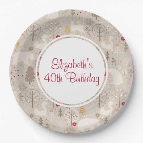 Cute Woodland Animals Nordic Pattern Birthday Paper Plates