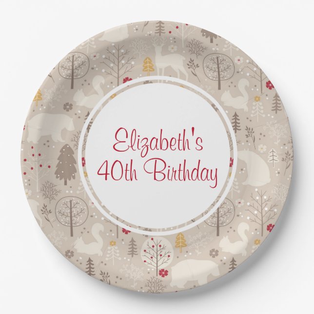 Cute Woodland Animals Nordic Pattern Birthday Paper Plates (Front)