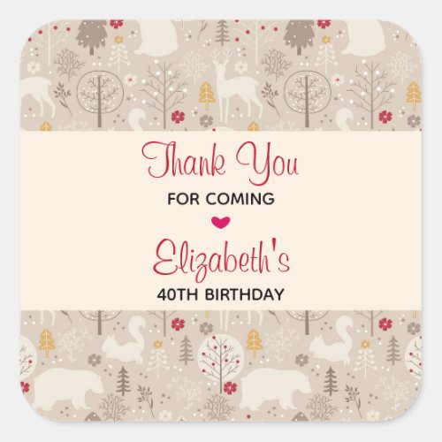 Cute Woodland Animals Nordic Pattern Birthday Square Sticker