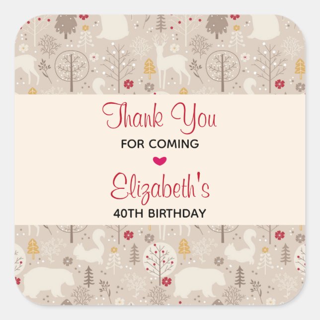 Cute Woodland Animals Nordic Pattern Birthday Square Sticker (Front)
