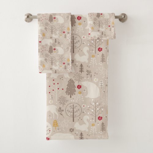 Cute Woodland Animals Nordic Pattern Christmas Bath Towel Set